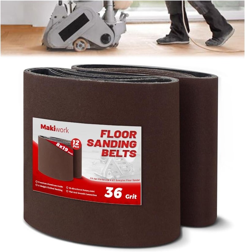 makiwork 8 inch x 19 inch 36 Grit Sanding Belts, 12 Pack, EZ 8 Drum Sander Sandpaper Rolls for Woodworking and Floor Polishing, Aluminum Oxide Sander Sleeves - Image 1